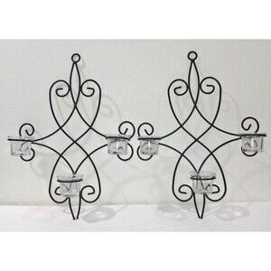 Set of 2 Curved Sconce Wrought Iron Wall Mount 6 Votive Candle Holder Cross